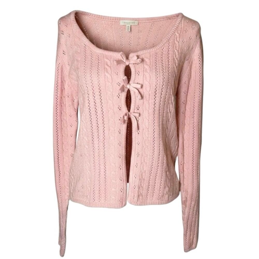 Coco & Shay Pink Tie Front Cardigan Size M Cable Knit Bows Coquette Balletcore